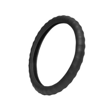 Чехол руля из искусственной кожи (рециклированная) каркасный ребристый c перфорацией, черный, обхват 9.5 см, размер 37 - 39 см