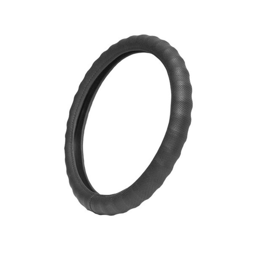 Чехол руля из искусственной кожи (рециклированная) каркасный ребристый с перфорацией, серый, обхват 9.5 см, размер 37 - 39 см